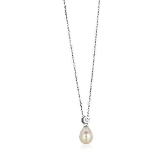 Sterling Silver Necklace with Pear Shaped Pearl and Cubic Zirconias - Diamond Designs