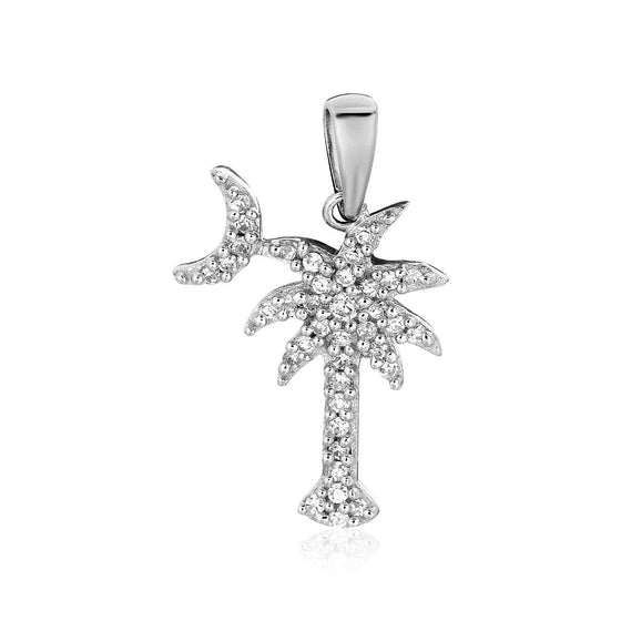 Sterling Silver Palm Tree and Crescent Moon Pendant with Cubic Zirconias - Diamond Designs