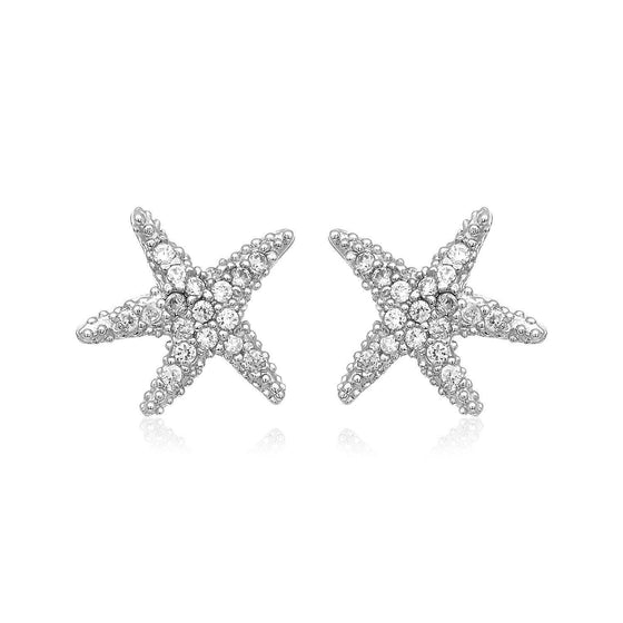 Sterling Silver Petite Starfish Earrings with Cubic Zirconias - Diamond Designs