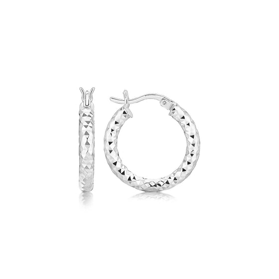 Sterling Silver Polished Rhodium Plated Faceted Hoop Style Earrings - Diamond Designs