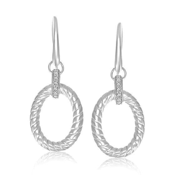 Sterling Silver Rhodium Finished Diamond Embellished Oval Rope Drop Earrings - Diamond Designs