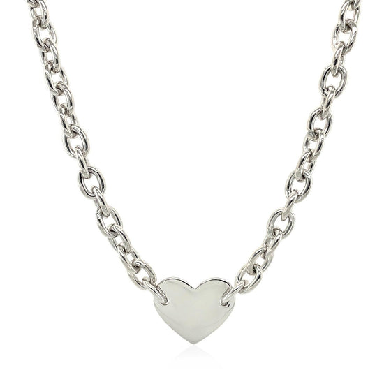 Sterling Silver Rhodium Plated Chain Bracelet with a Flat Heart Motif Station - Diamond Designs