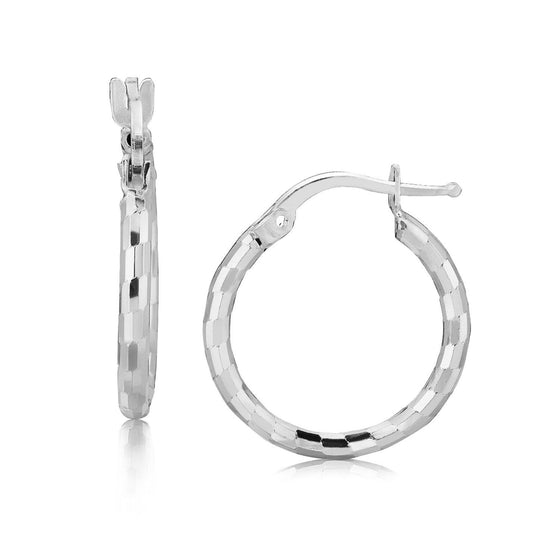 Sterling Silver Rhodium Plated Diamond Cut Small Hoop Earrings (15mm) - Diamond Designs