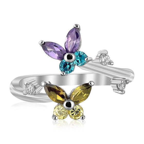 Sterling Silver Rhodium Plated Floral Toe Ring with Multi-Tone Cubic Zirconia - Diamond Designs