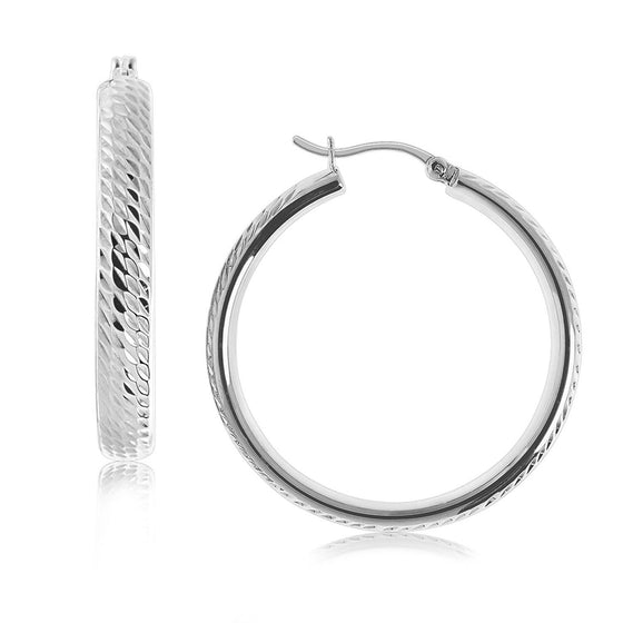 Sterling Silver Rhodium Plated Hoop Marquise Motif Diamond Cut Earrings (30mm) - Diamond Designs