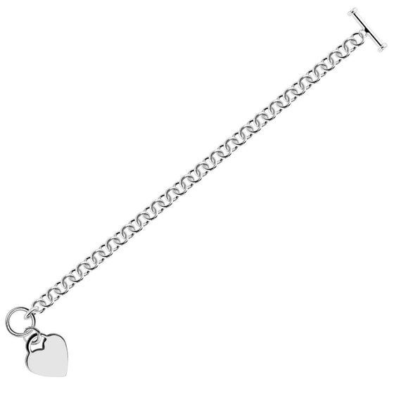 Sterling Silver Rhodium Plated Rolo Chain Bracelet with a Heart Charm - Diamond Designs