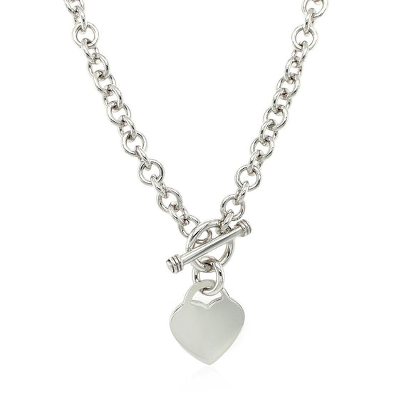 Sterling Silver Rhodium Plated Rolo Chain Necklace with a Heart Toggle Charm - Diamond Designs