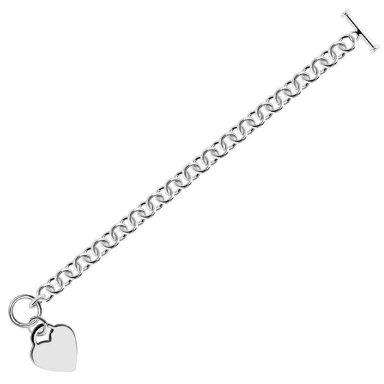 Sterling Silver Rhodium Plated Rolo Style Heart Charmed Chain Bracelet - Diamond Designs