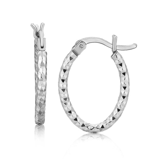 Sterling Silver Rhodium Plated Small Oval Hoop Diamond Cut Textured Earrings - Diamond Designs