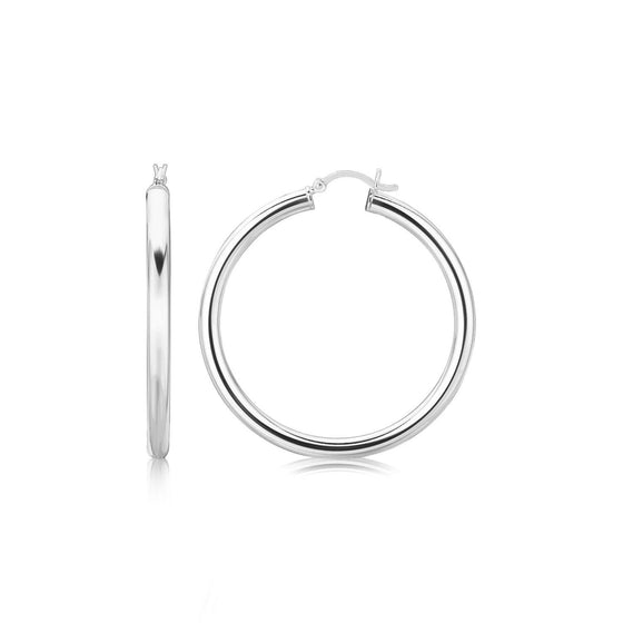 Sterling Silver Rhodium Plated Thick Large Polished Hoop Design Earrings (40mm) - Diamond Designs