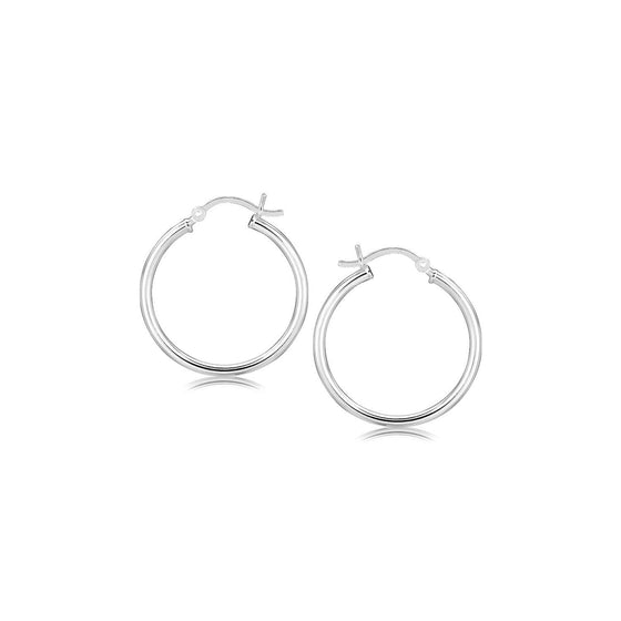 Sterling Silver Rhodium Plated Thin and Polished Hoop Motif Earrings (25mm) - Diamond Designs