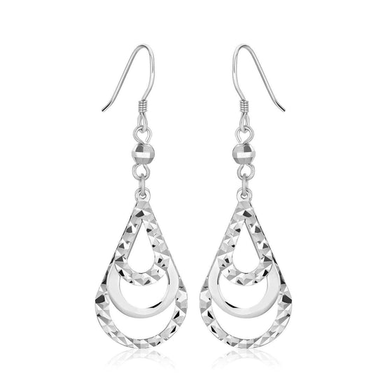 Sterling Silver Textured Graduated Open Teardrop Dangling Style Earrings - Diamond Designs