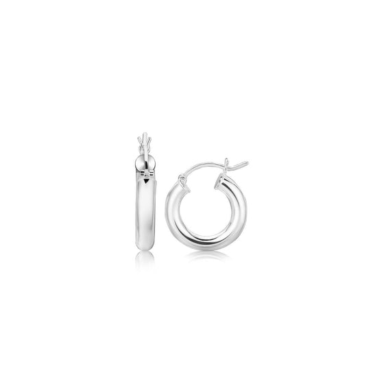 Sterling Silver Thick Polished Hoop Earrings with Rhodium Plating (15mm) - Diamond Designs