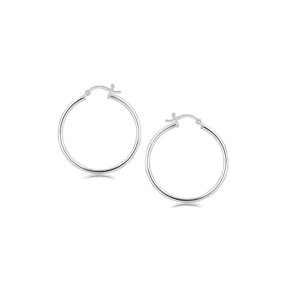 Sterling Silver Thin Polished Hoop Style Earrings with Rhodium Plating (30mm) - Diamond Designs