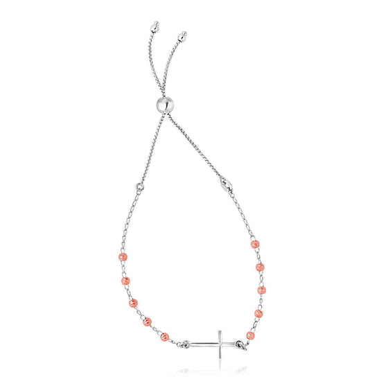 Sterling Silver White and Rose Finish Adjustable Bracelet with Cross - Diamond Designs