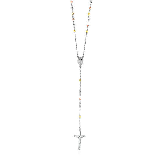 Three Toned Rosary Chain and Bead Necklace in Sterling Silver - Diamond Designs