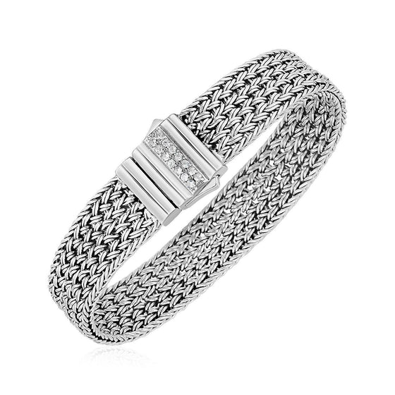 Woven Rope Bracelet with White Sapphire Accented Clasp in Sterling Silver - Diamond Designs